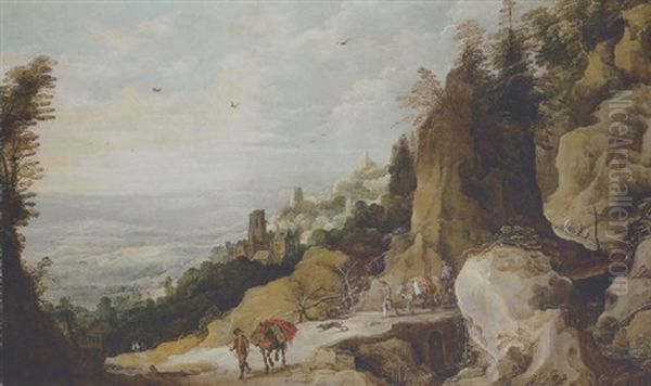 Muleteers On A Bridge Over A Torrent In The Mountains, A Valley In The Distance Oil Painting by Joos de Momper the Younger