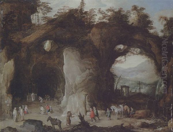 Travellers At A Shrine In A Grotto By A Natural Arch Oil Painting by Joos de Momper the Younger