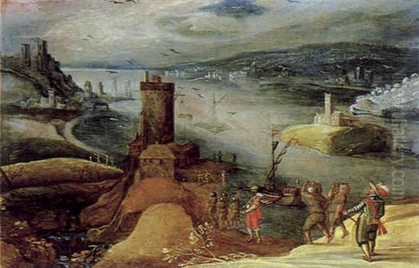 Gebirgige Fluslandschaft Mit Einem Turm Und Figuren Oil Painting by Joos de Momper the Younger