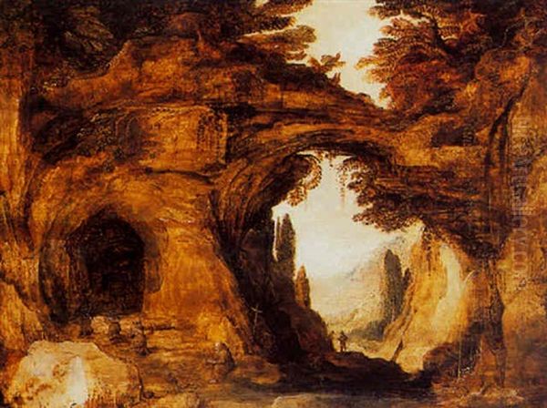 A Rocky Landscape With Hermits Praying Near The Entrance Of A Grotto Oil Painting by Joos de Momper the Younger