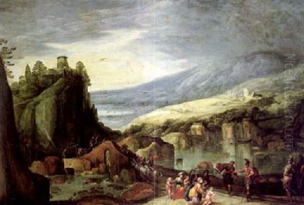 Fluslandschaft Mit Einer Burg, Windmuhlen Und Vielen Figuren Oil Painting by Joos de Momper the Younger