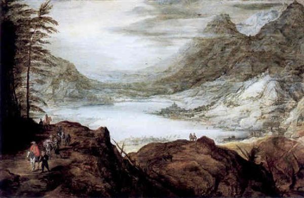 Grosse Berglandschaft Mit Blick Auf Einen See Mit Ziehenden Fussgangern Und Reitern Auf Einer Strasse Oil Painting by Joos de Momper the Younger