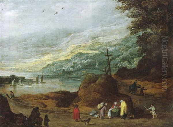 A Rocky Landscape With A Family Resting Beside A Path With Other Travellers, A Lake And Mountains Beyond Oil Painting by Joos de Momper the Younger