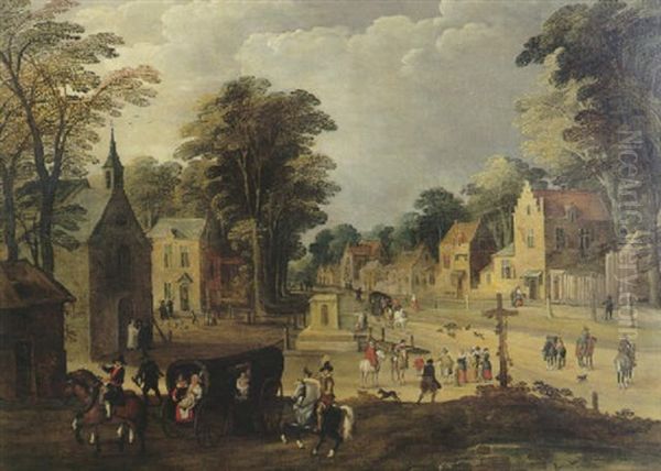 Scene De Village Avec Des Cavaliers Oil Painting by Joos de Momper the Younger