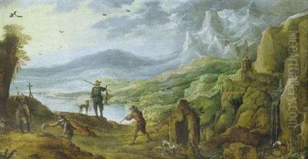 Jager Mit Hunden Und Beute An Einem See Vor Gebirgslandschaft Mit Einer Burg Rechts Auf Der Felskuppe Oil Painting by Joos de Momper the Younger