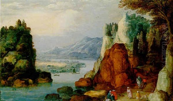 An Alpine Landscape With Travellers And Gypsies On A Path Oil Painting by Joos de Momper the Younger