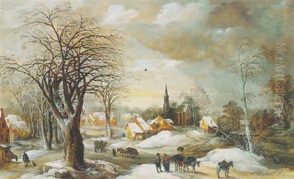 Village Landscape In Winter With Mulateers, Carts Laden With Wood And Two Riders Halted At An Inn by Joos de Momper the Younger