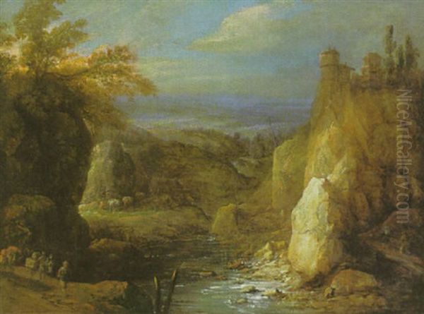 Gebirgslandschaft Mit Einer Burg Auf Der Felsenkuppe Rechts Sowie Einem Flus Und Wanderern Mit Maultieren Links Vorn Oil Painting by Joos de Momper the Younger