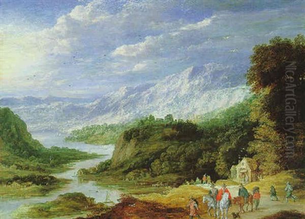 Paysage De Riviere Et De Montagne Avec Des Personnages Sur Un Chemin Oil Painting by Joos de Momper the Younger