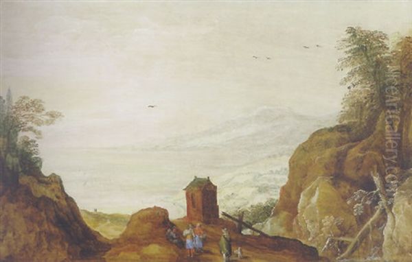 An Extensive Mountainous Landscape With Peasants On A Track In The Foreground Oil Painting by Joos de Momper the Younger