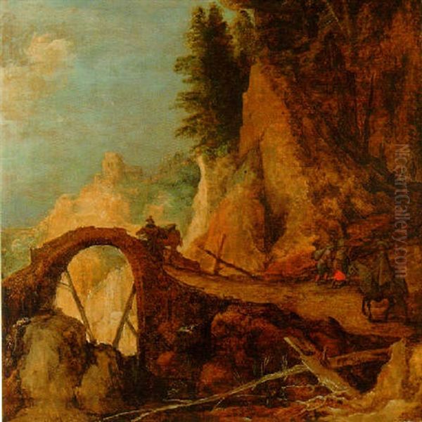 A Mountain Landscape With Travelers On A Path Appr`oaching A Bridge Over A Gorge Oil Painting by Joos de Momper the Younger