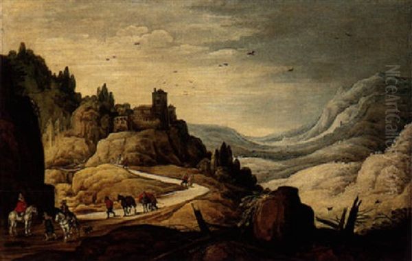 Landscape With Travellers Near A Hillside Town Oil Painting by Joos de Momper the Younger