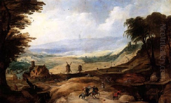 A Mountainous Landscape With Mounted Figures Skirmishing In The Foreground With A House And Windmills, Castle Ruins On A Hillside Oil Painting by Joos de Momper the Younger