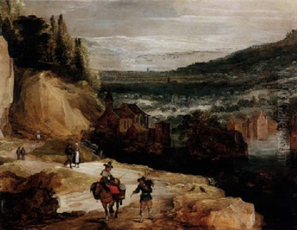 An Extensive Rocky River Landscape With Travellers On A Path, A Church And Water Beyond Oil Painting by Joos de Momper the Younger