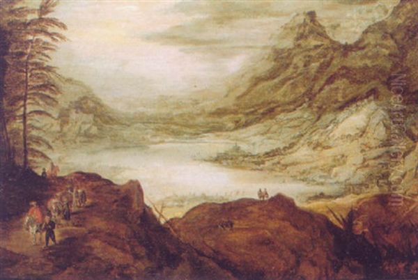 Travellers On A Mountain Path With A Lake And An Extensive Mountain Landscape Beyond Oil Painting by Joos de Momper the Younger