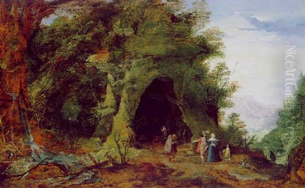 Gebirgslandschaft Mit Andacht In Einer Felsgrotte Oil Painting by Joos de Momper the Younger