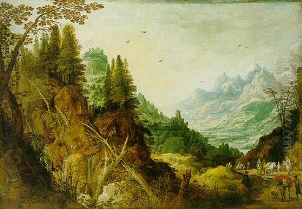 An Extensive Mountainous Landscape With Travellers And Pack Animals On A Road Near A Waterfall, A Castle Beyond Oil Painting by Joos de Momper the Younger