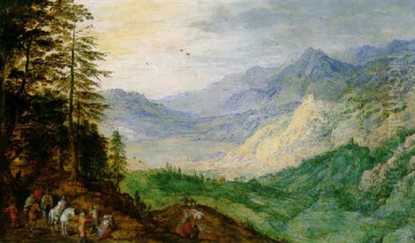 A Mountainous Landscape With Travellers Oil Painting by Joos de Momper the Younger