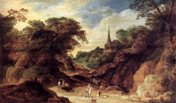 Travellers In A Rocky Landscape With A Church Beyond Oil Painting by Joos de Momper the Younger