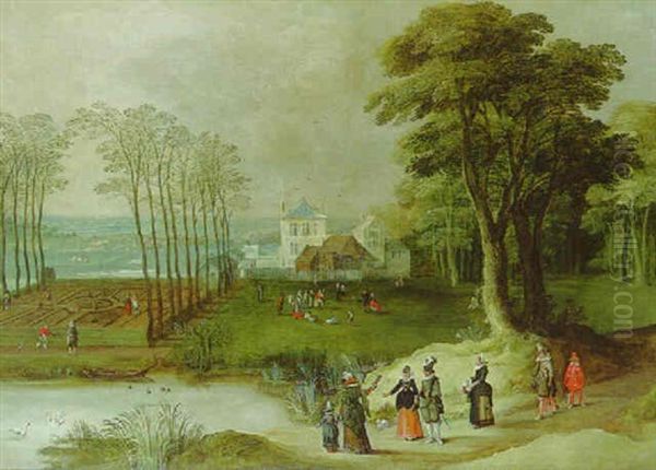 A Wooded Landscape With Elegant Company By A Pond, Peasants Dancing Before A Villa Oil Painting by Joos de Momper the Younger