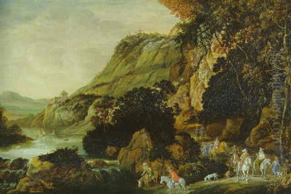 An Extensive Rocky River Landscape With An Elegant Party On Horseback On A Track Oil Painting by Joos de Momper the Younger