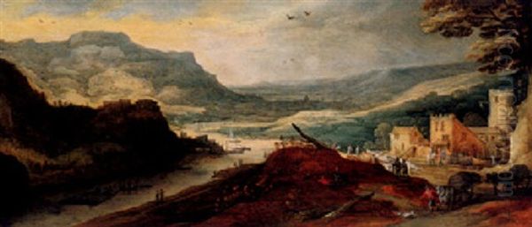 Autumn; A Panoramic River Landscape With Travellers And Horse-drawn Carts By A Village Oil Painting by Joos de Momper the Younger