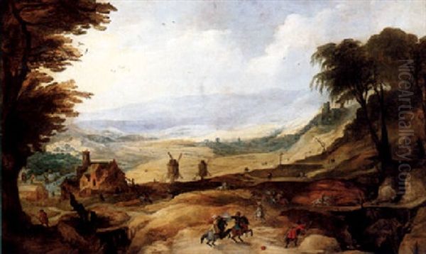 An Extensive Mountainous Landscape With Mounted Figures Skirmishing In The Foreground, A House An Windmills, Castle Ruins On A Hillside Beyond Oil Painting by Joos de Momper the Younger