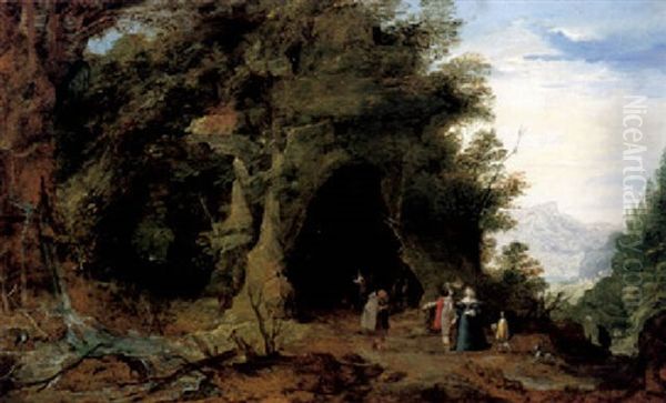 A Wooded Landscape With Elegant Figures And A Monk Before A Grotto Oil Painting by Joos de Momper the Younger