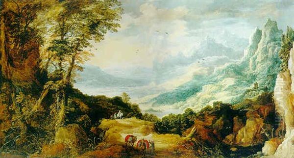 An Extensive Mountainous River Landscape With Travellers And Mules On A Track Oil Painting by Joos de Momper the Younger