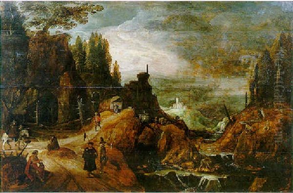 Paysage De Montagne Et Cascade Animee De Promeneurs Et De Pelerins Oil Painting by Joos de Momper the Younger