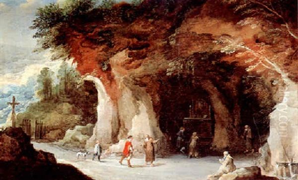 A Mountainous Landscape With A Grotto, Pilgrims And Monks Oil Painting by Joos de Momper the Younger