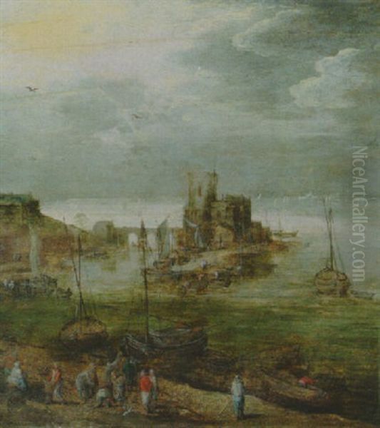 A Harbor With Fisherfolk Gathered On The Shore And Boats Moored Nearby, A Castle Beyond Oil Painting by Joos de Momper the Younger