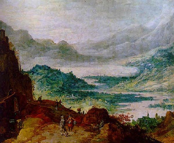 An Extensive Mountainous Landscape With Huntsmen And Travellers On A Path Oil Painting by Joos de Momper the Younger