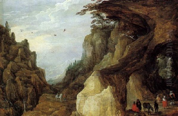 La Halte Des Bohemiens Pres De La Cascade Dans Un Paysage De Montagne Oil Painting by Joos de Momper the Younger