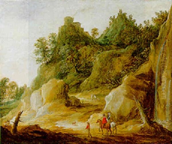 Travellers On A Track By A Waterfall, A Castle On A Mountain Top Beyond Oil Painting by Joos de Momper the Younger