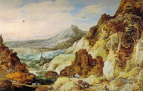 Mountainous Landscape With Travellers And A Village by Joos de Momper the Younger