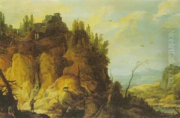 A Mountainous Panoramic Landscape With Huntsmen Shooting Ibex Oil Painting by Joos de Momper the Younger