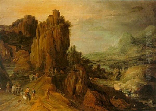 Extensive Mountainous River Landscape With Horsemen And Travelers Oil Painting by Joos de Momper the Younger