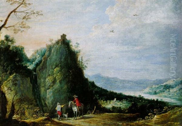 A Traveller Conversing With A Shepherd On A Mountain Path, A River Valley Beyond by Joos de Momper the Younger