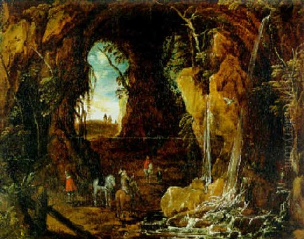 Felsgrotte Mit Wasserfall Und Rastenden Reitern Oil Painting by Joos de Momper the Younger