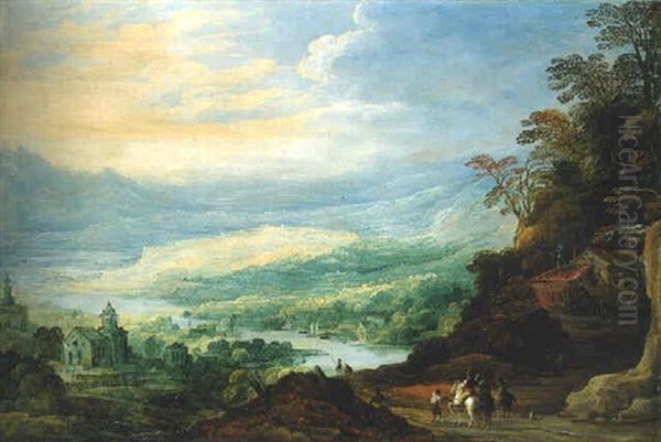 An Extensive River Landscape With Horsemen On A Track Near A Cottage On A Hillside Oil Painting by Joos de Momper the Younger