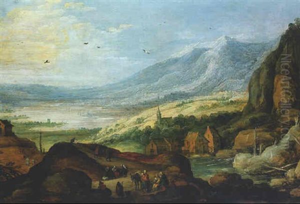 An Extensive Alpine Landscape With A Watermill, Peasants Resting On A Track In The Foreground by Joos de Momper the Younger