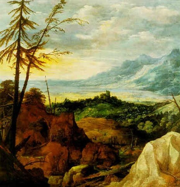 Extensive Landscape With Pine Trees Oil Painting by Joos de Momper the Younger