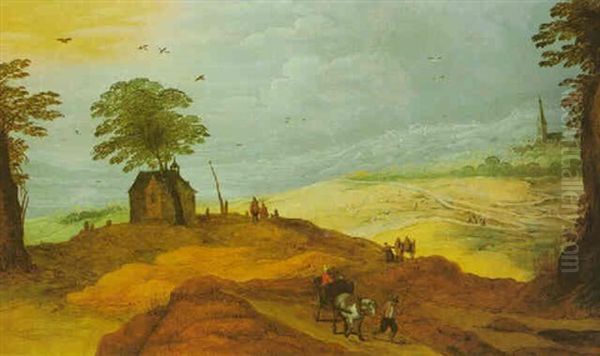 A Hilly Landscape With Horse-drawn Carts On A Road Near A Chapel, A Church Tower Beyond Oil Painting by Joos de Momper the Younger