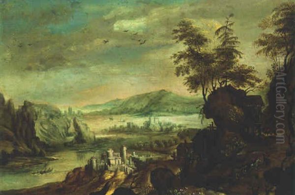 An Extensive River Landscape With Travellers On A Hillside Path Oil Painting by Joos de Momper the Younger