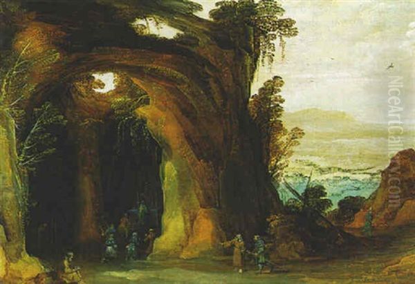 Pelerins Se Recueillant Dans Une Grotte, Lors D'un Voyage A St Jacques De Compostelle Oil Painting by Joos de Momper the Younger