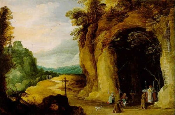 A Mountainous Landscape With Pilgrims At A Chapel Oil Painting by Joos de Momper the Younger