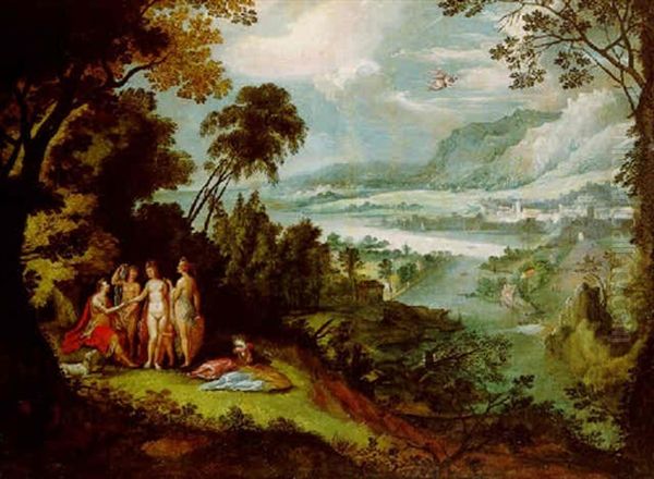 An Extensive Landscape With The Judgement Of Paris, Mercury In The Sky Beyond Oil Painting by Joos de Momper the Younger