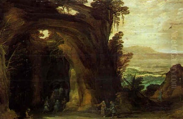 La Halte Des Pelerins De Saint Jacques De Compostelle Pour La Messe Dans Une Grotte Oil Painting by Joos de Momper the Younger