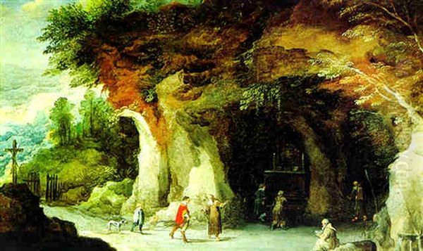 Gebirgslandschaft Mit Einer Felsgrotte, Pilgern Und Monchen Oil Painting by Joos de Momper the Younger